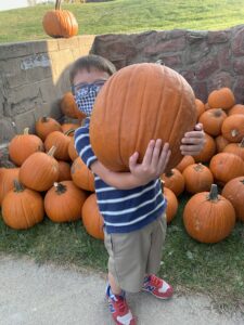 a little boy with glasses, a fabric face mask and a blue striped shirt holds a big, bright orange pumpkin in his arms 